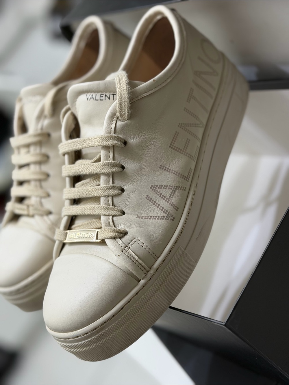 Valentino Cream Leather Platform Low-Top Sneakers